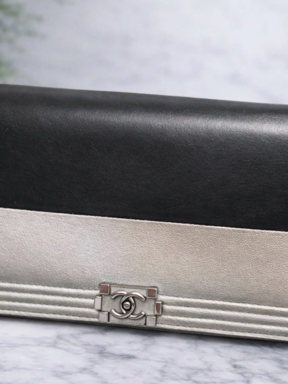 CHANEL Black/Silver Leather Compact Boy Wallet